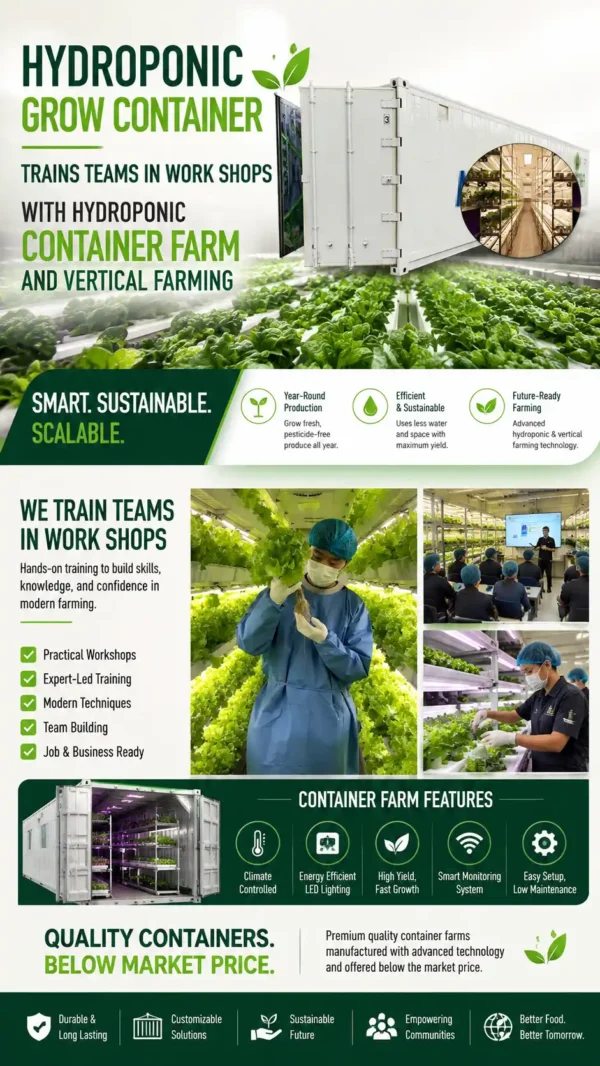 Hydroponic Grow Container Trains Teams in Work Shops with Hydroponic Container Farm and Vertical Farming