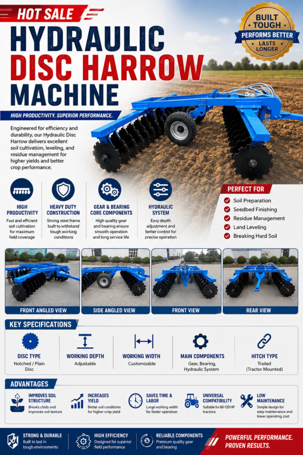 Hydraulic Disc Harrow Machine | Heavy Duty Trailed Tractor Disc Harrow for High Productivity Farming