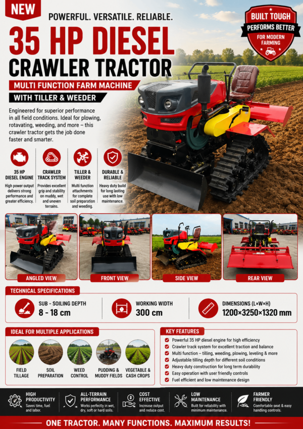 35 HP Diesel Crawler Tractor | Multi Function Farm Tractor with Tiller & Weeder for Agricultural Use