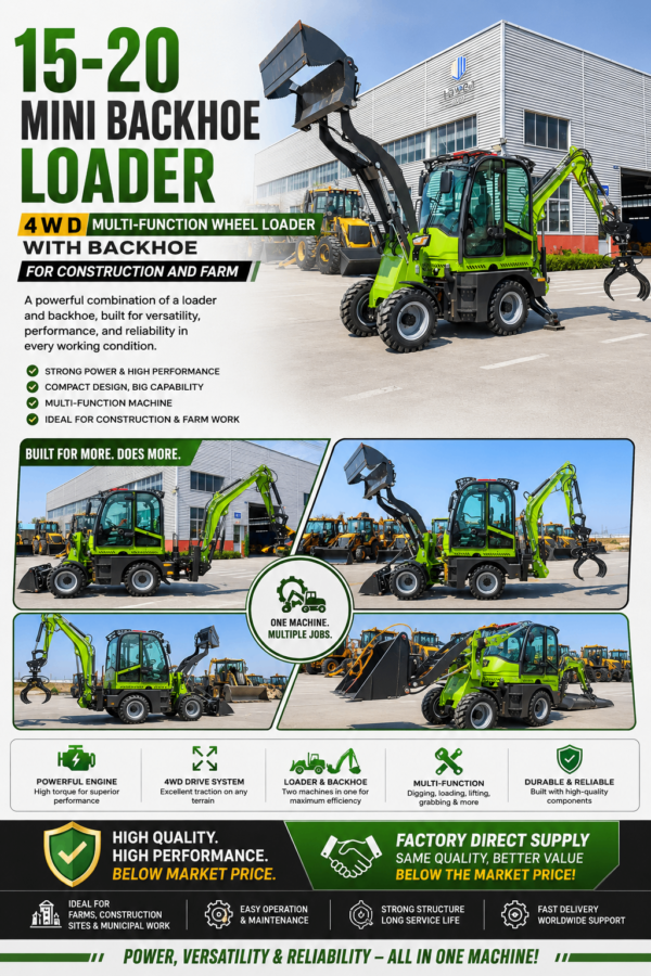 15-20 Mini Backhoe Loader | 4WD Multi-Function Wheel Loader for Construction & Farm