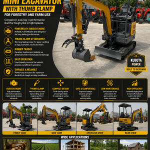 1.5 ton Kubota powered mini excavator with thumb clamp for forestry, farming, landscaping, construction and material handling.