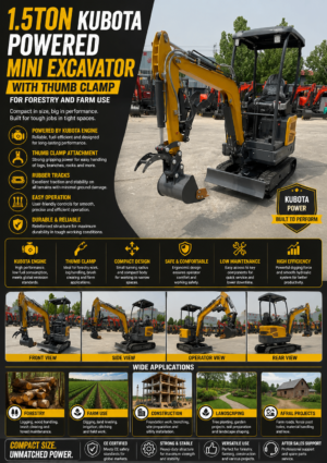 1.5 ton Kubota powered mini excavator with thumb clamp for forestry, farming, landscaping, construction and material handling.