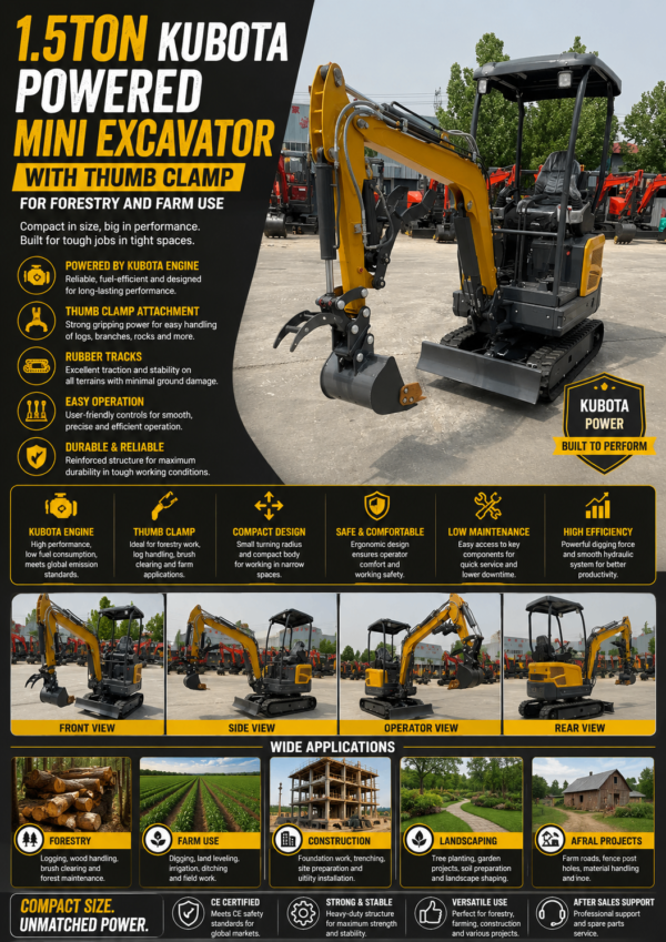 1.5 Ton Kubota Powered Mini Excavator 1.5 ton Kubota powered mini excavator with thumb clamp for forestry, farming, landscaping, construction and material handling.