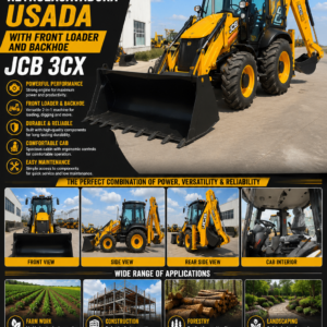 Mini farm tractor backhoe loader with front loader and rear backhoe for farming, construction, landscaping, trenching, and earthmoving applications.