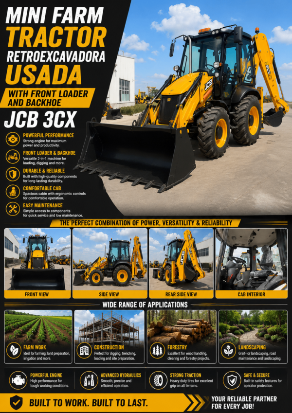 Mini Farm Tractor Backhoe Loader Mini farm tractor backhoe loader with front loader and rear backhoe for farming, construction, landscaping, trenching, and earthmoving applications.